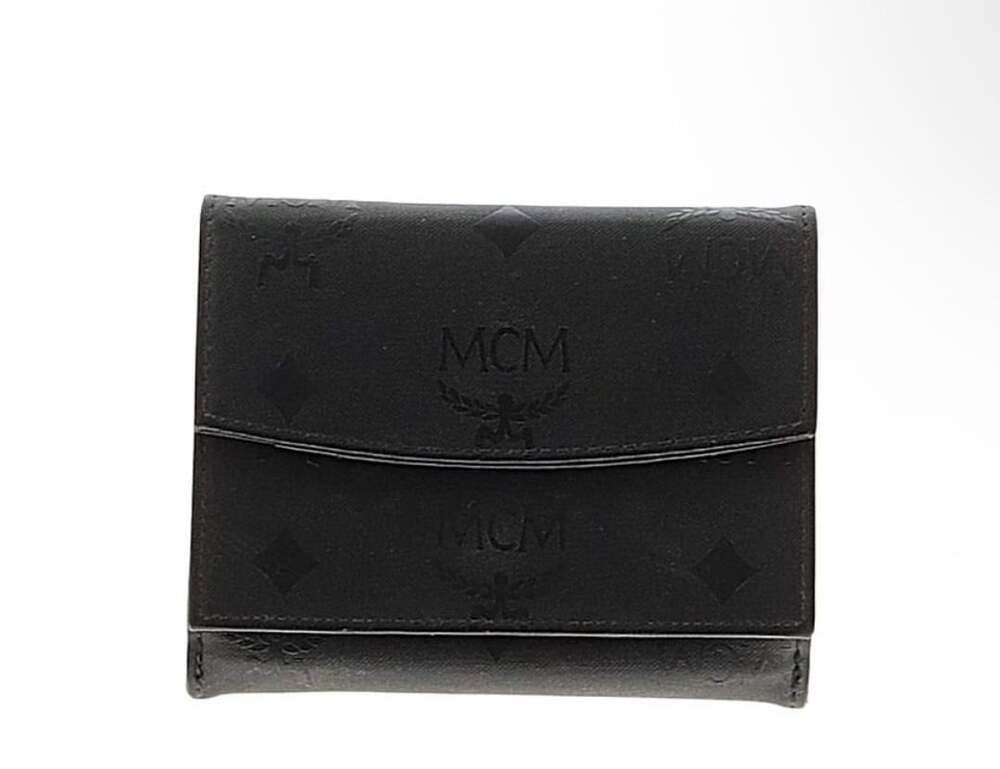 MCM Monogram Embossed Trifold Wallet Black Leather